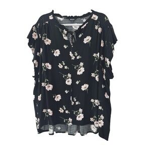 Women 3X Blouse Black Floral Short Sleeve Top Cottage Whimsigoth Fairycore Shirt